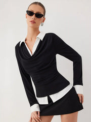 Cowl Neck Two Tone Ruched Long Sleeve Layered Top