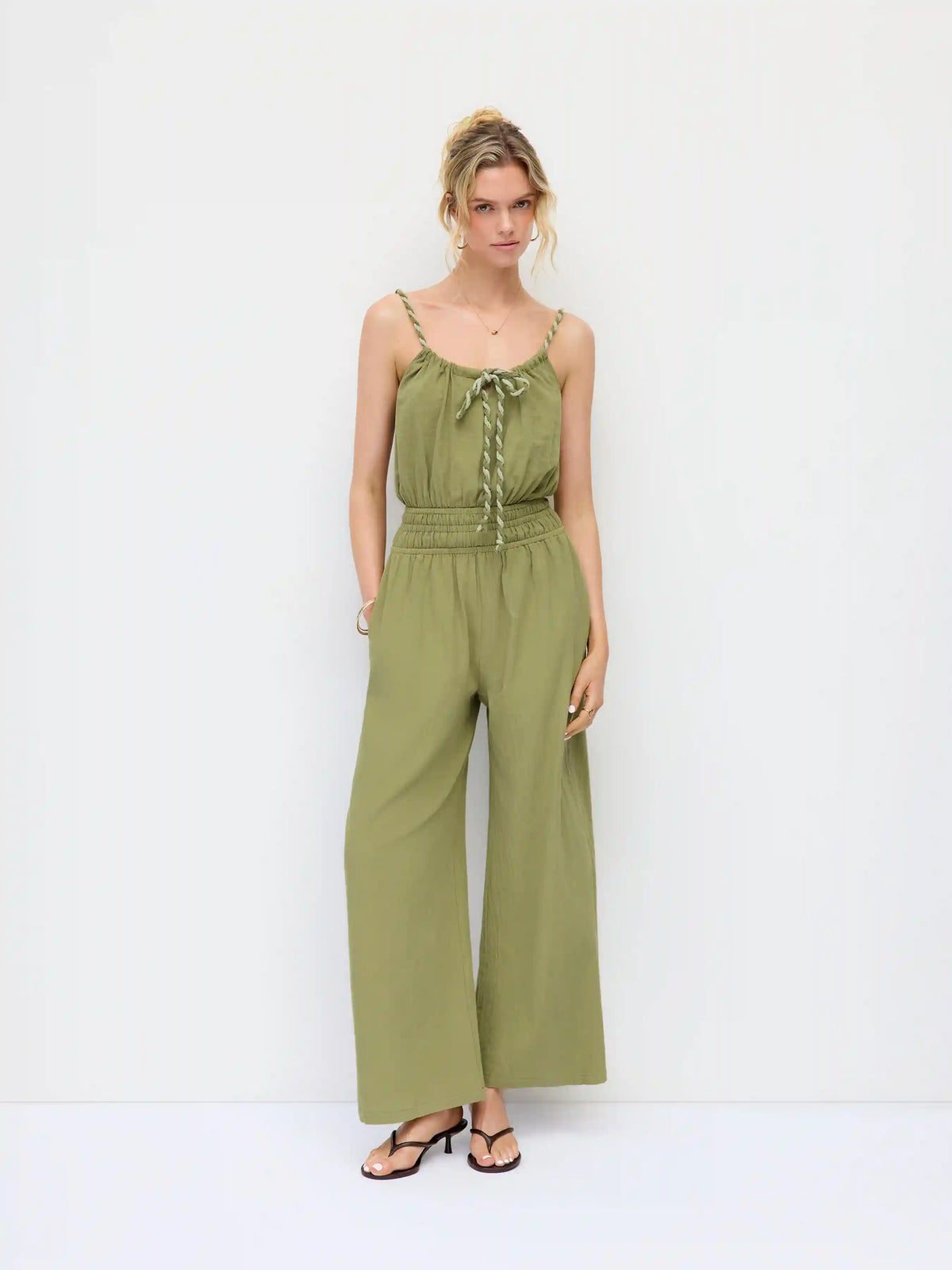 Cotton Scoop Neck Shirred Bowknot Mid Rise Wide Leg Jumpsuit