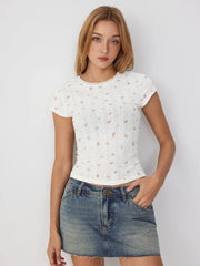 Floral Pointelle Lace Trim Short Sleeve Tee