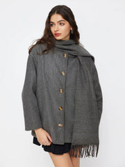 Wool-Look Asymmetrical Neck Long Sleeve Oversized Jacket