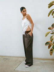 Mid Rise Striped Asymmetrical Straight Leg Trousers
