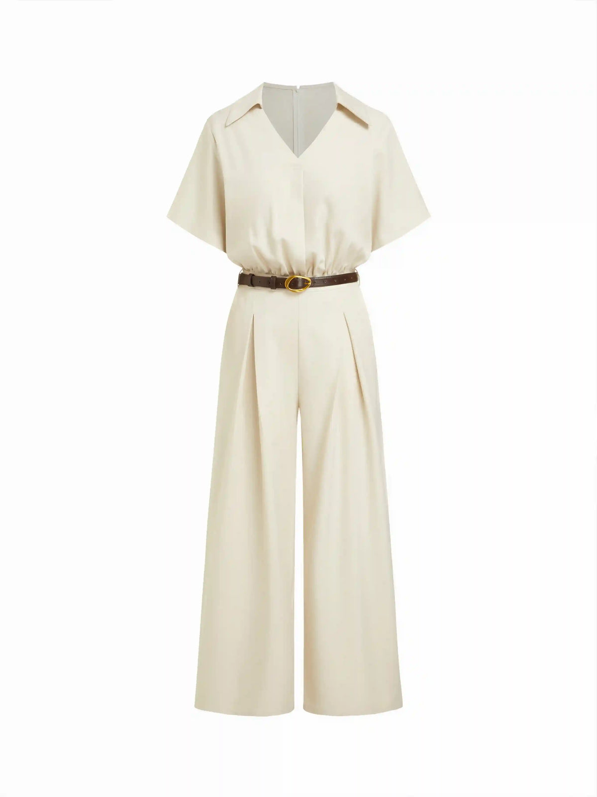 Collar Ruched Pleated High Rise Wide Leg Jumpsuit With Belt
