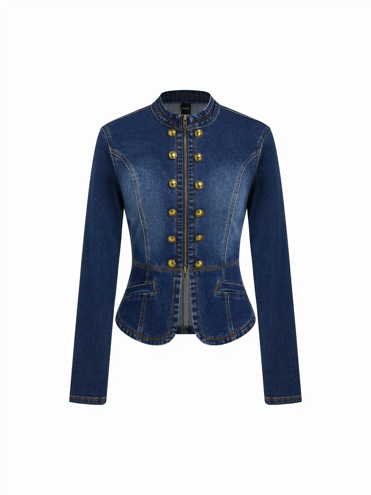 Stretch Denim Stand Collar Long Sleeve Zip Through Metal Button Split Blouse