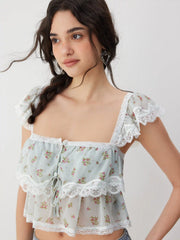 Floral Lace Square Neck Ruffle Sleeve Oversized Crop Top