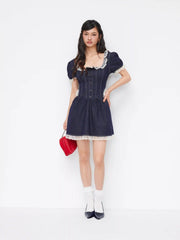 Stretch Denim Lace Trim Puff Sleeve A-line Mini Dress