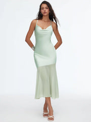 Satin Cowl Neck Ruched Criss Cross Mermaid Maxi Dress