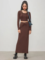Lace Trim Crop Long Sleeve Top & Ruched Split Maxi Skirt