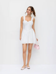 Cotton Broderie Anglaise Sweetheart Ruched Flared Mini Dress