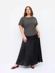 Mid Rise Elastic Waist A-Line Maxi Skirt
