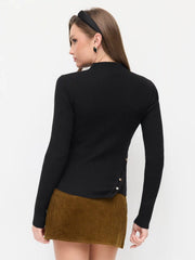 Knit Stand Collar Long Sleeve Metal Button Asymmetrical Top