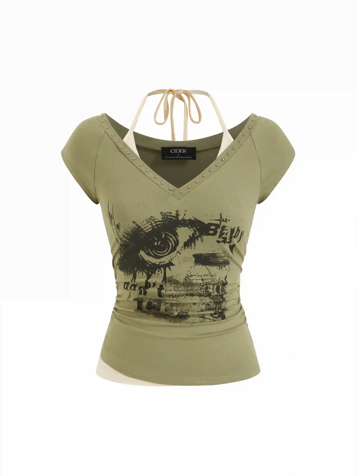 Cotton-blend Eye Graphic Halter V-neck Metal Detail Ruched Short Sleeve Tee