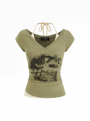 Cotton-blend Eye Graphic Halter V-neck Metal Detail Ruched Short Sleeve Tee