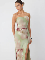 Mesh Floral Graphic Bandeau Drawstring Mermaid Maxi Dress