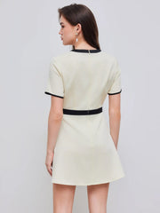 Tweed Round Neckline Contrasting Binding Pearl Button Mini Dress