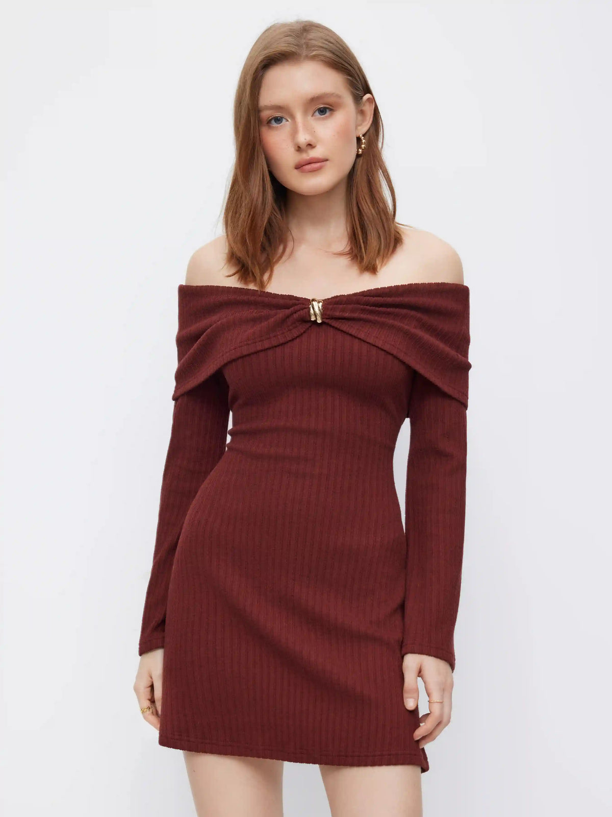 Off-Shoulder Bell Sleeve Metal Button Ribbed Mini Dress