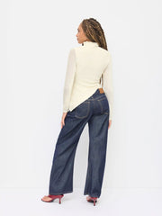Textured Stand Collar Lettuce Trim Asymmetrical Hem Tee