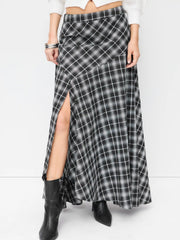Cotton-blend High Rise Asymmetrical Plaid A-Line Split Maxi Skirt
