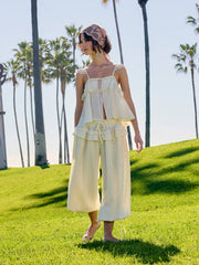 Textured Mid Rise Lace Panel Ruffle Drawstring Bloomer Trousers