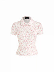 Cotton-blend Ditsy Floral Lace Trim Ruched Button Short Sleeve Blouse
