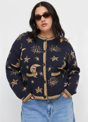 Knit Round Neckline Star Sun Moon Contrasting Binding Long Sleeve Cardigan Curve & Plus