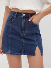 Denim Solid High Waist Split Mini Skirt
