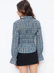 Cotton-blend V-neck Ruffle Sleeve Plaid Tie Front Shirred Blouse