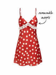 V-neck Polka Dot Lace Trim Bow Decor Mini Nightdress With Removable Padding