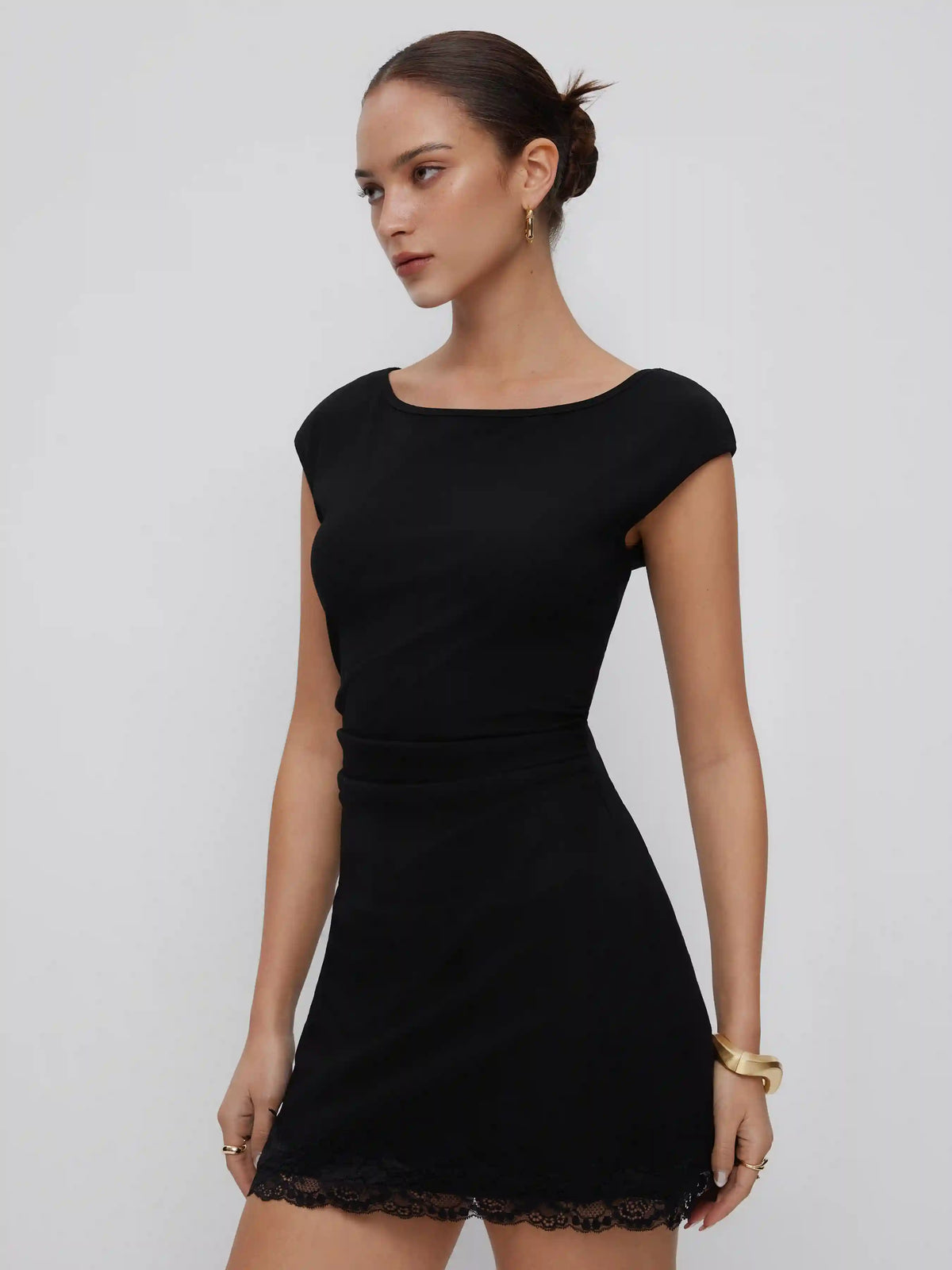 Cotton-blend Boat Neck Ruched Lace Panel A-line Mini Dress