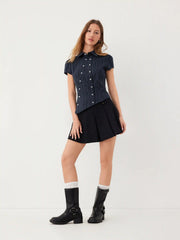 Cotton-blend Striped Collar Asymmetrical Hem Star Button Blouse