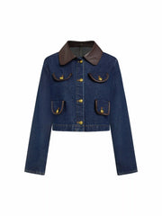Washed Denim Faux Leather Collar Jacket