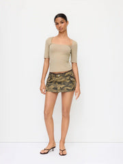 Camo Denim Low Rise Lace Panel A-line Mini Skirt
