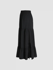 Solid Elastic Waist Ruffle Hem Tiered Maxi Skirt