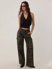 Cider Denim Camo Mid Rise Oversized Wide Leg Cargo Jeans