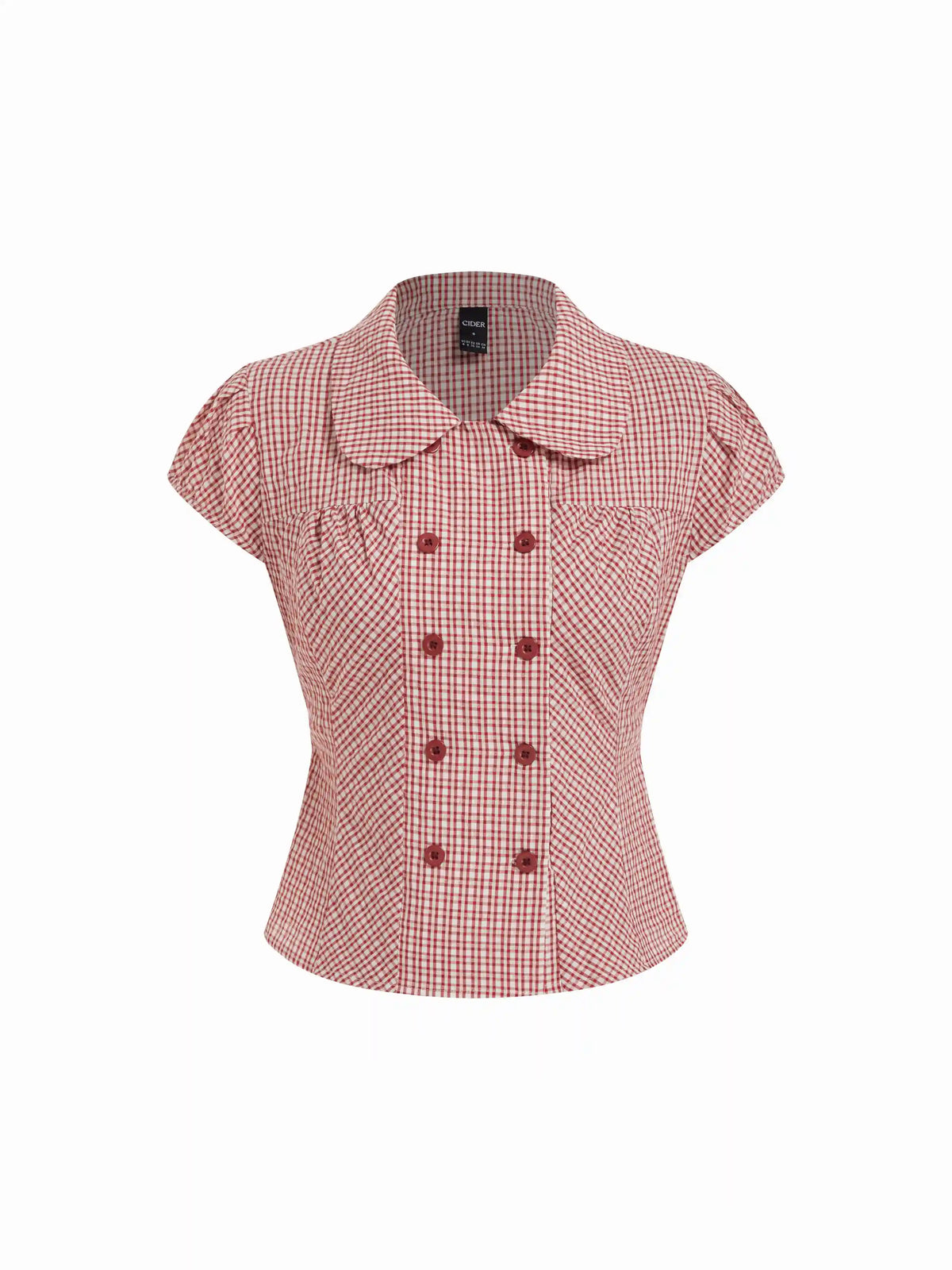 Cotton-blend Gingham Peter Pan Collar Puff Sleeve Double Breasted Blouse