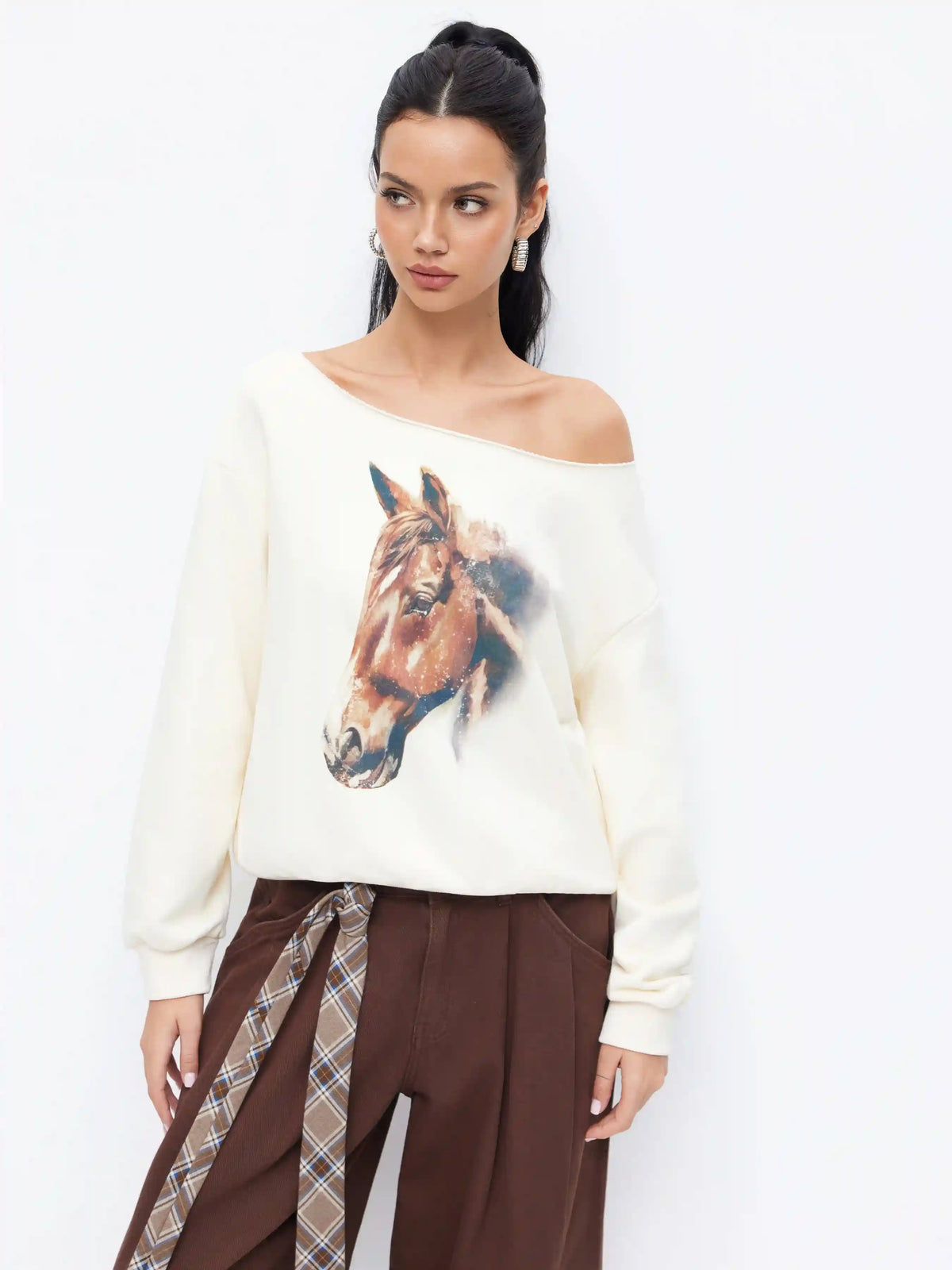 Terry Asymmetrical Neck Horse Graphic Oversized Sweatshirt
