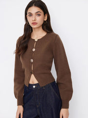 Knit Round Neckline Lantern Long Sleeve Metal Button Sweater