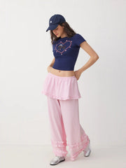 Gingham Mid Rise Ruffled Peplum Lettuce Trim Oversized Wide Leg Trousers