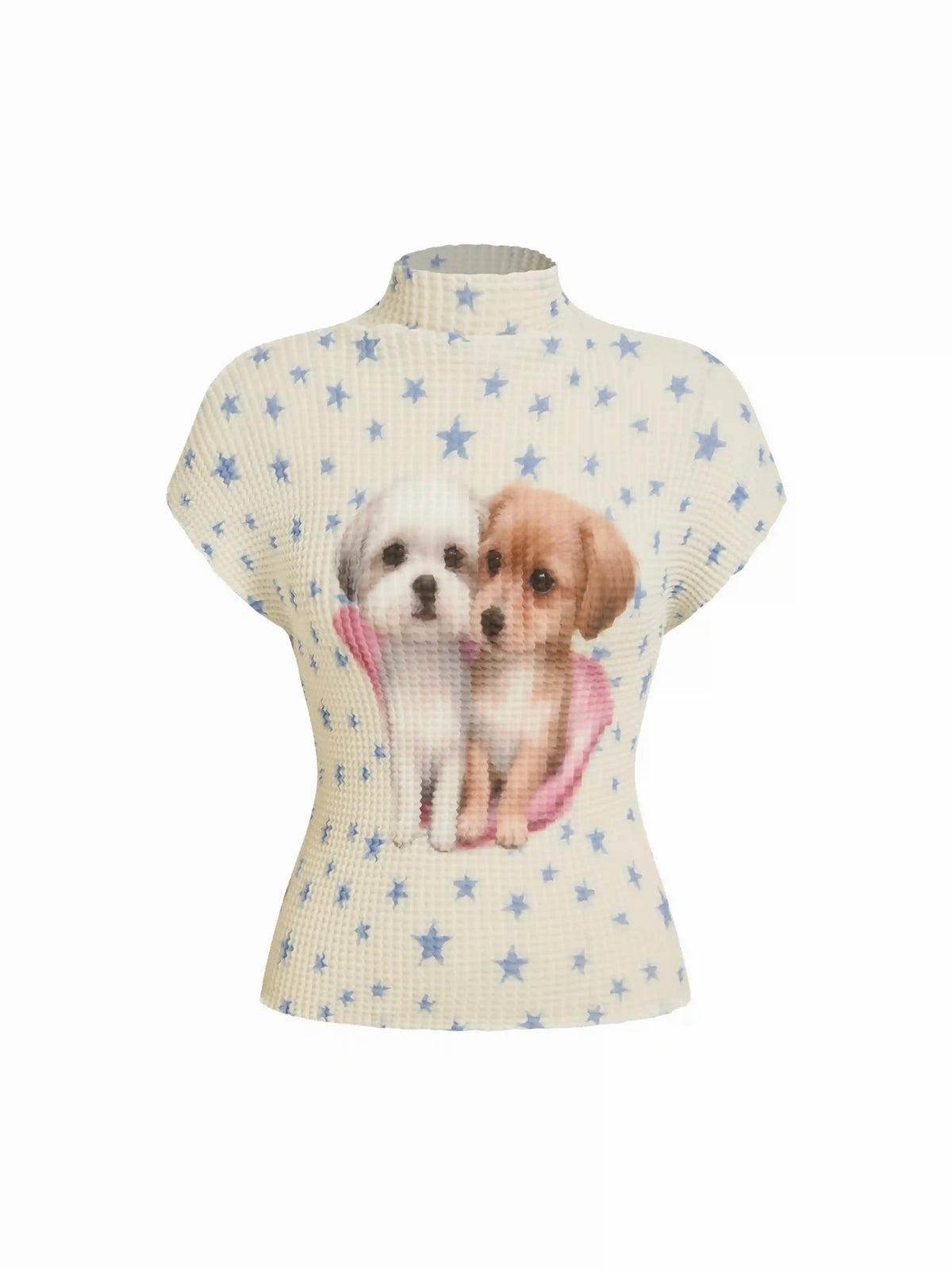 Waffle Textured Star & Puppy Print Short Sleeve Tee