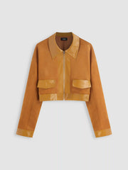 Suede Collar Zip Through Crop Jacket