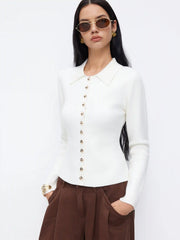 Knit Collar Metal Detail Cinched Waist Cardigan