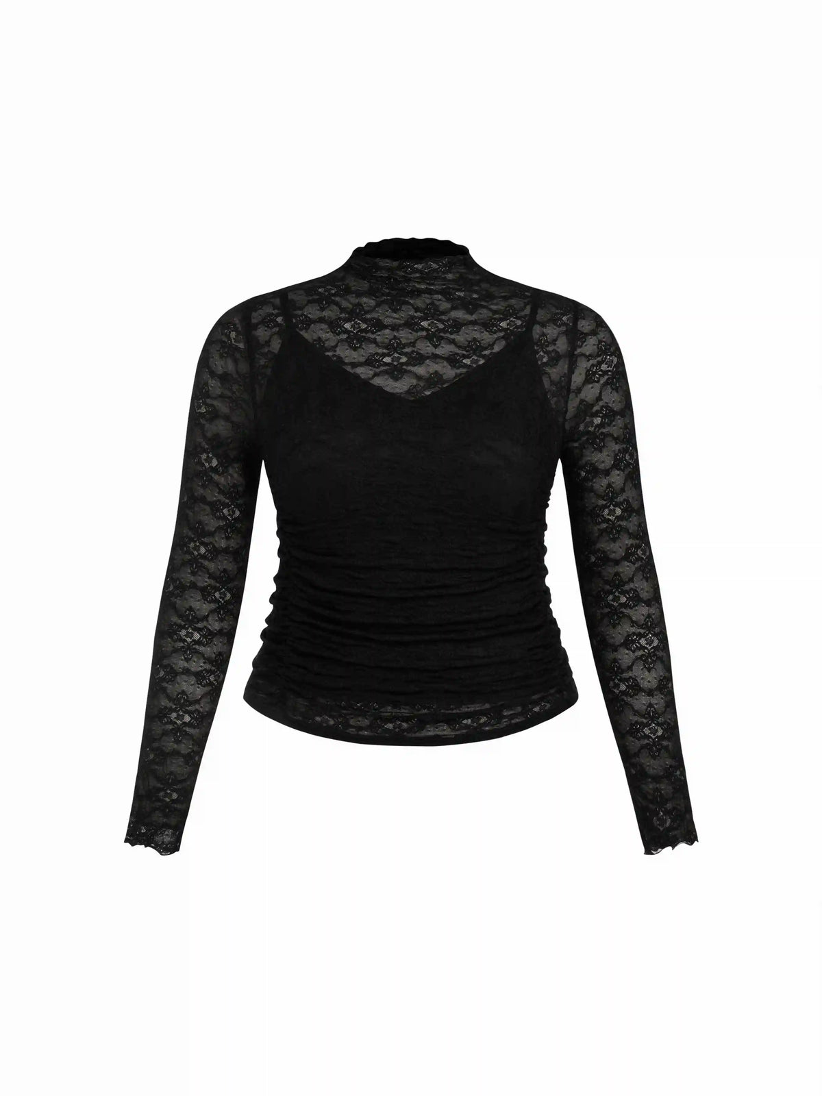 Two-piece Lace Ruched Lettuce Trim See-through Top With Cami Top Curve & Plus