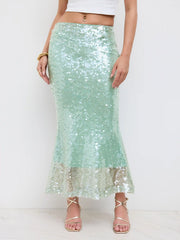 Mesh Mid Rise Sequin Mermaid Maxi Skirt