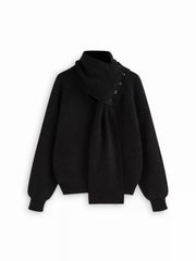 Knit V-neck Button Long Sleeve Oversized Top With Scarf