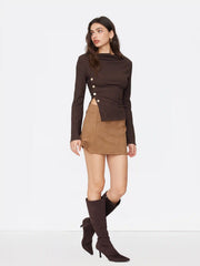 Texture Stand Collar Bell Sleeve Split Side Metal Button Top