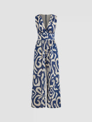 Woven V-neck Abstract Sleeveless Wide Leg Jumpsuit