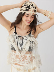 Cotton-blend Lace Bowknot Ruffle Sheer Oversized Crop Cami Top