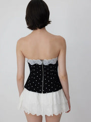 Cotton-blend Polka Dot Lace Trim Bandeau Top