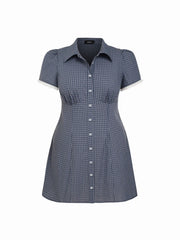Cotton-blend Collar Check Shirred Mini Dress Curve & Plus