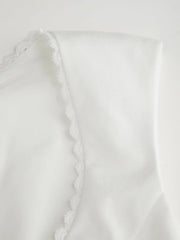 Linen-blend Scoop Neck Lace Trim Short Sleeve Blouse