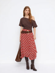 Chiffon Mid Rise Tartan Ruffle Hem Lettuce Trim Maxi Skirt